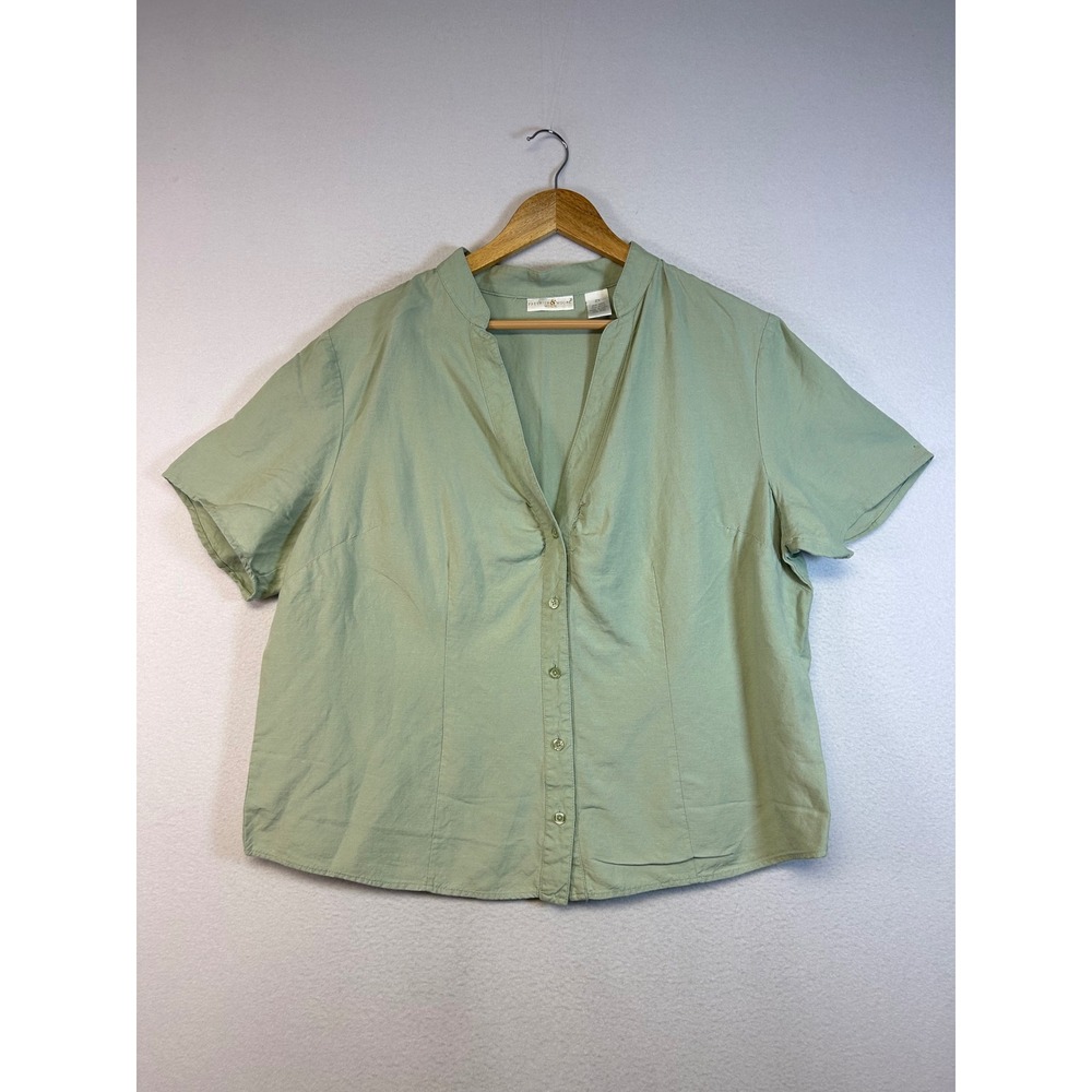 Coastal Linen‎ Preswick & Moore Women 2X Green Short Sleeve Button Down Blouse